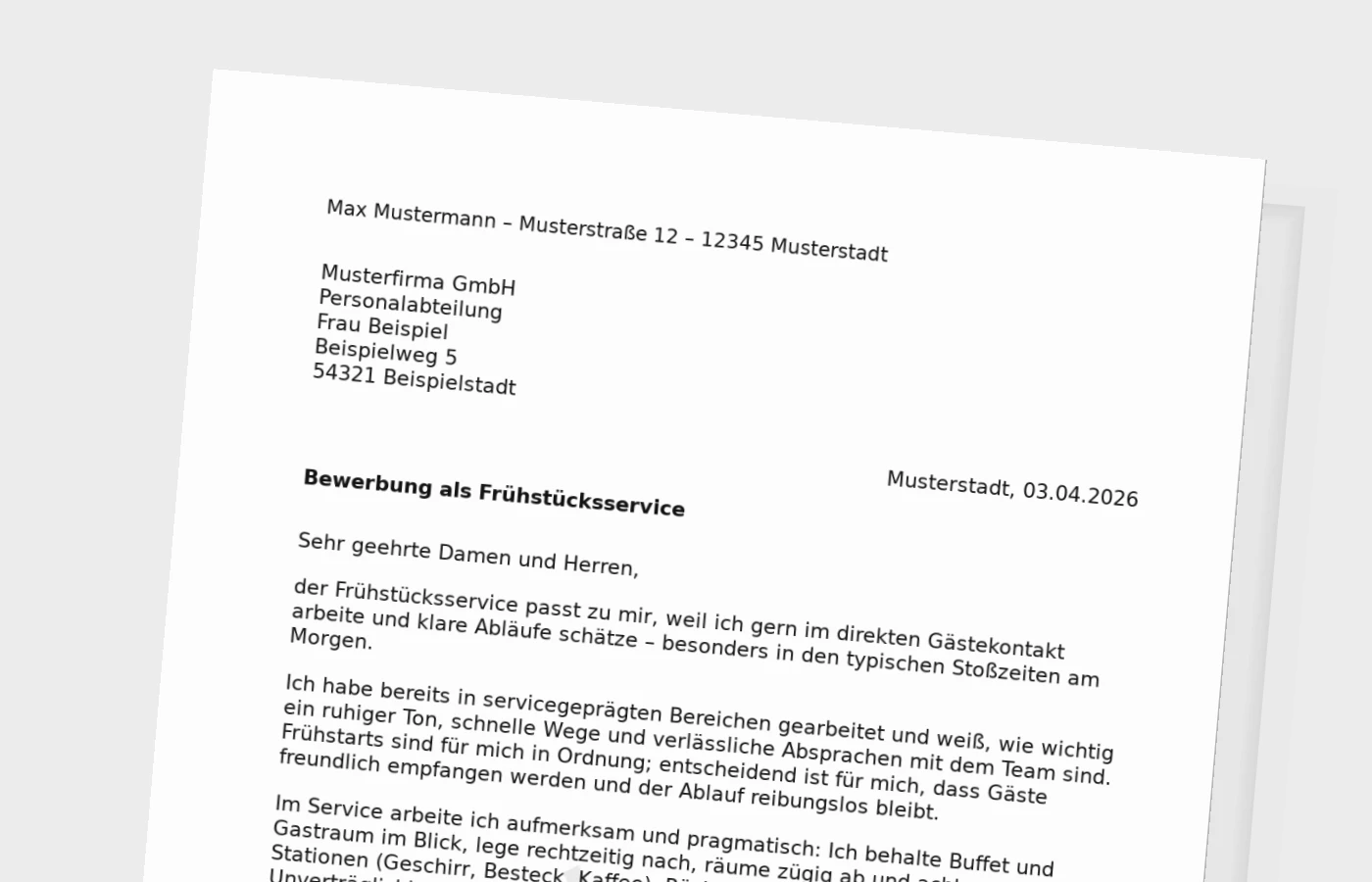 Anschreiben als Mitarbeiter im Frühstücksservice