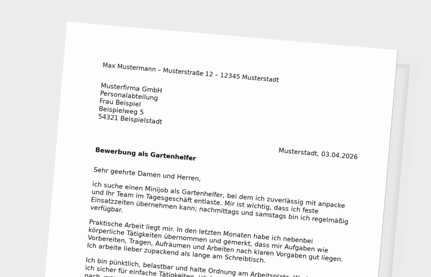 Anschreiben als Gartenhelfer (Minijob)