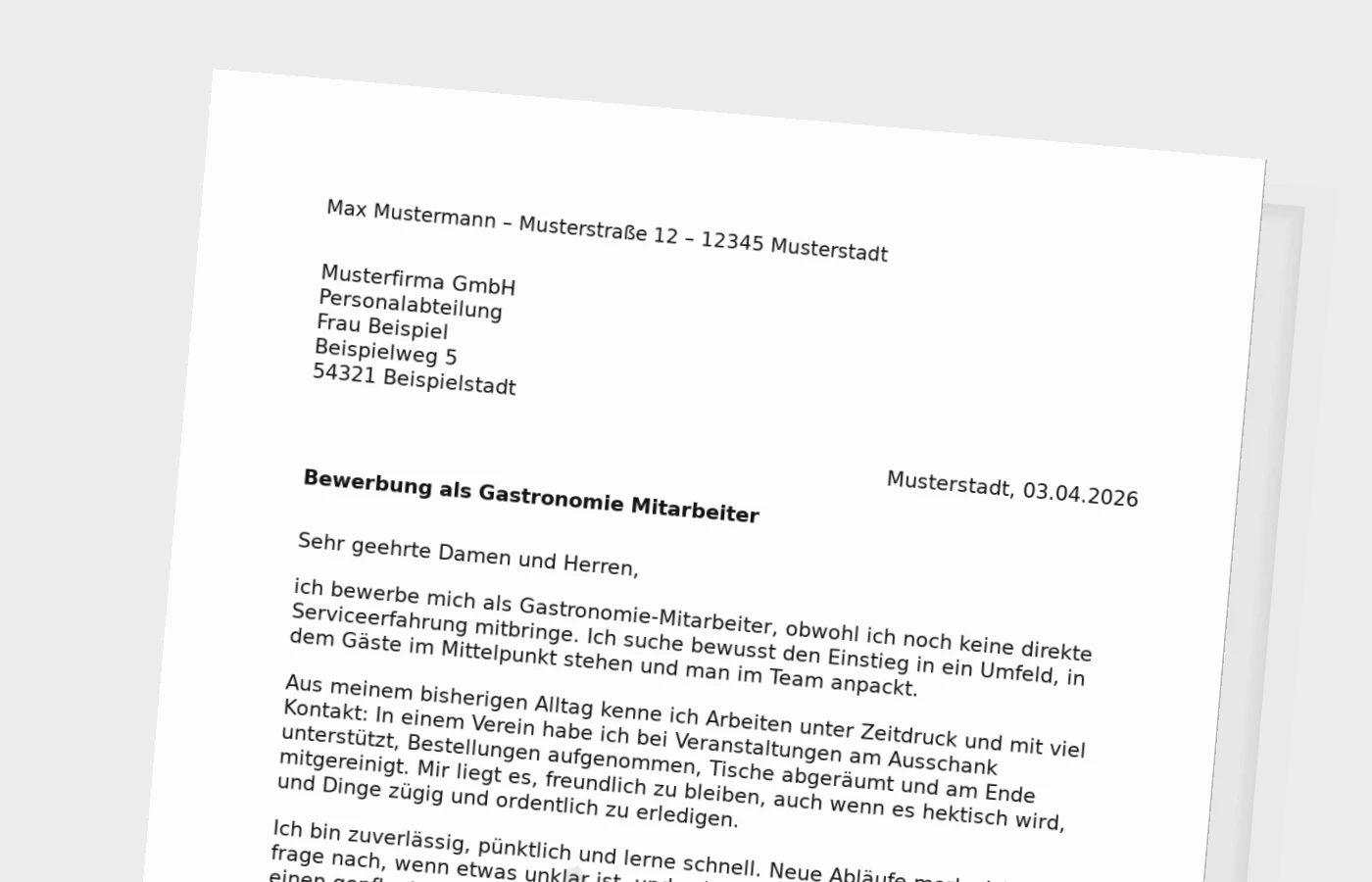 Bewerbungsanschreiben als Gastronomie-Mitarbeiter ohne Erfahrung