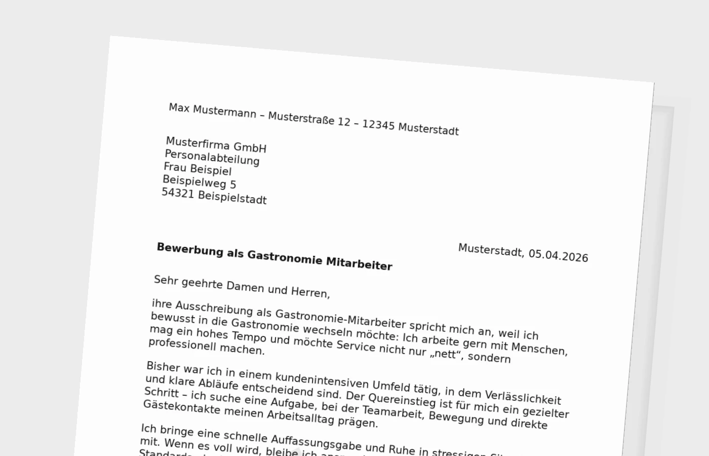 Anschreiben als Gastronomie-Mitarbeiter (Quereinstieg)