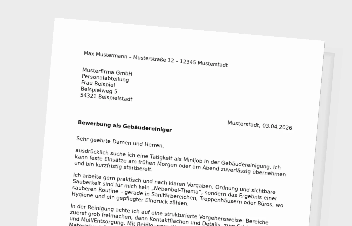 Anschreiben als Gebäudereiniger (Minijob) – so wirkt es glaubwürdig