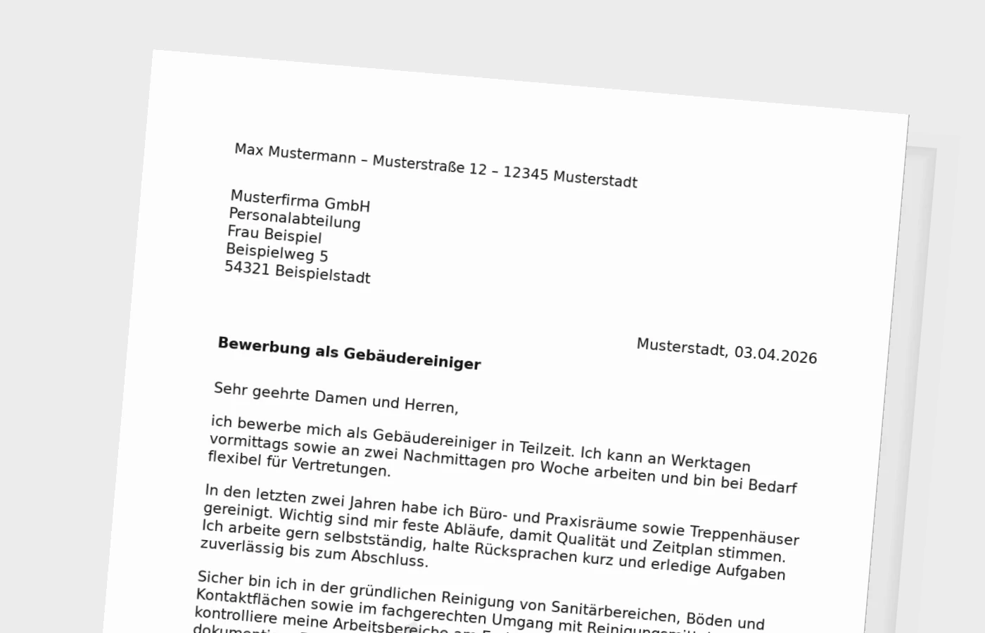 Vorschaubild zu Bewerbungsanschreiben als Gebäudereiniger in Teilzeit