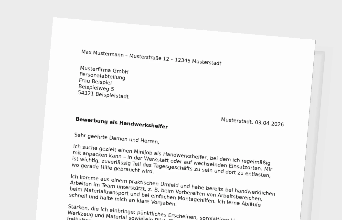 Anschreiben als Handwerkshelfer im Minijob