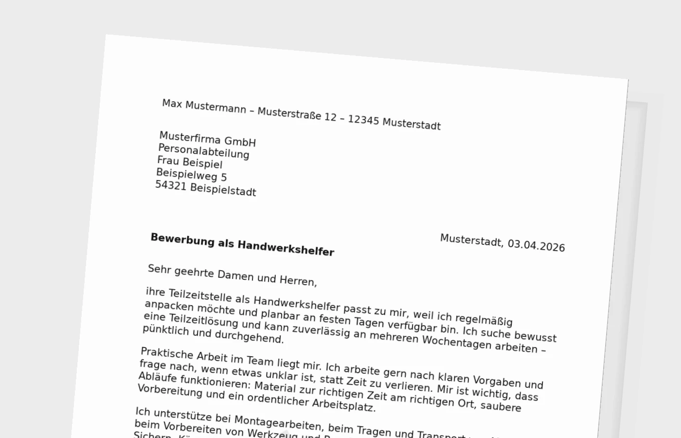 Anschreiben als Handwerkshelfer in Teilzeit