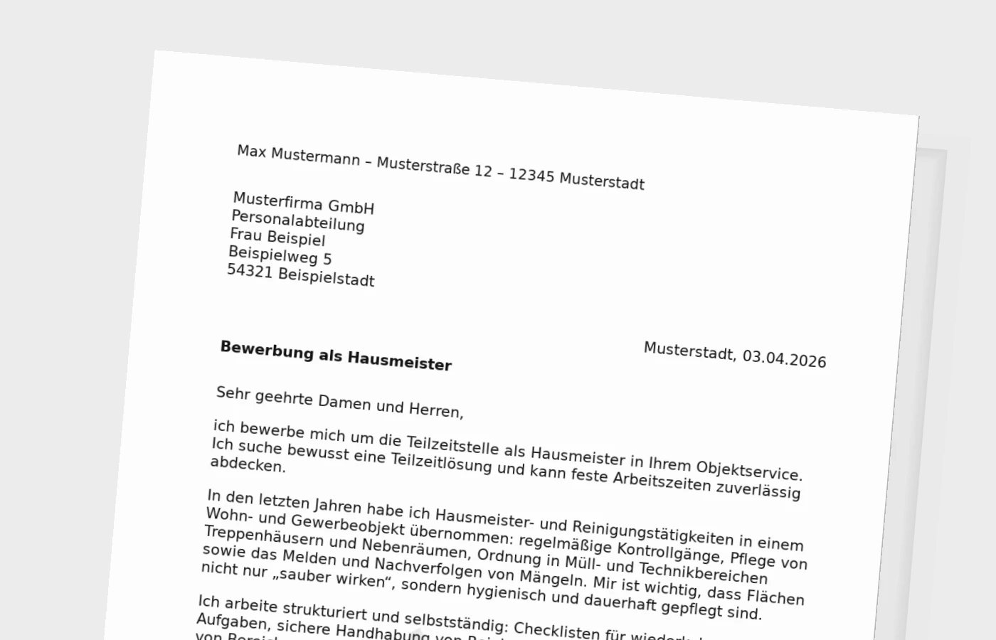 Bewerbungsanschreiben als Hausmeister in Teilzeit