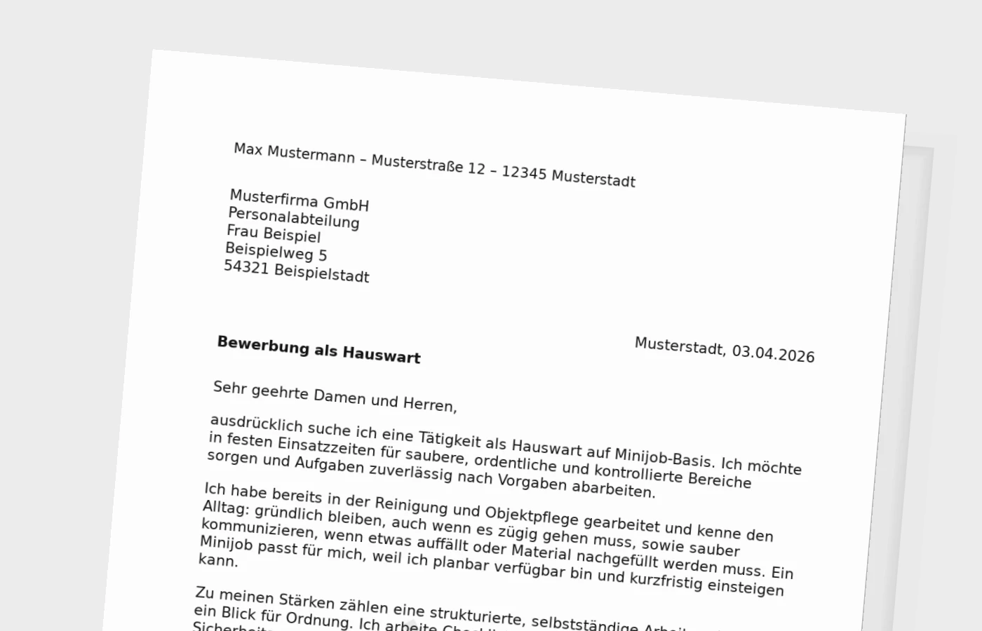 Anschreiben als Hauswart (Minijob): kurz, praktisch, verlässlich