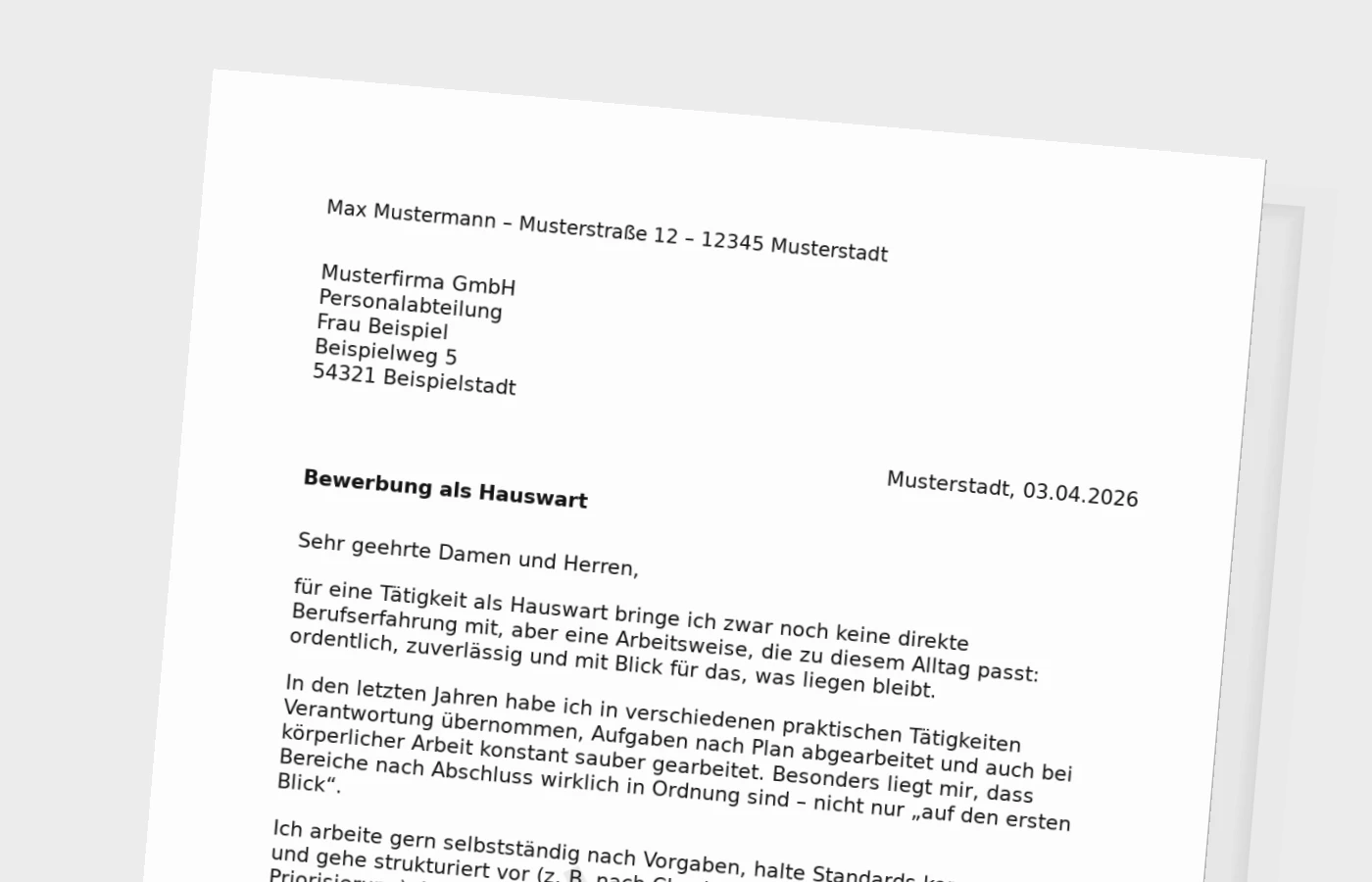 Anschreiben als Hauswart ohne Erfahrung
