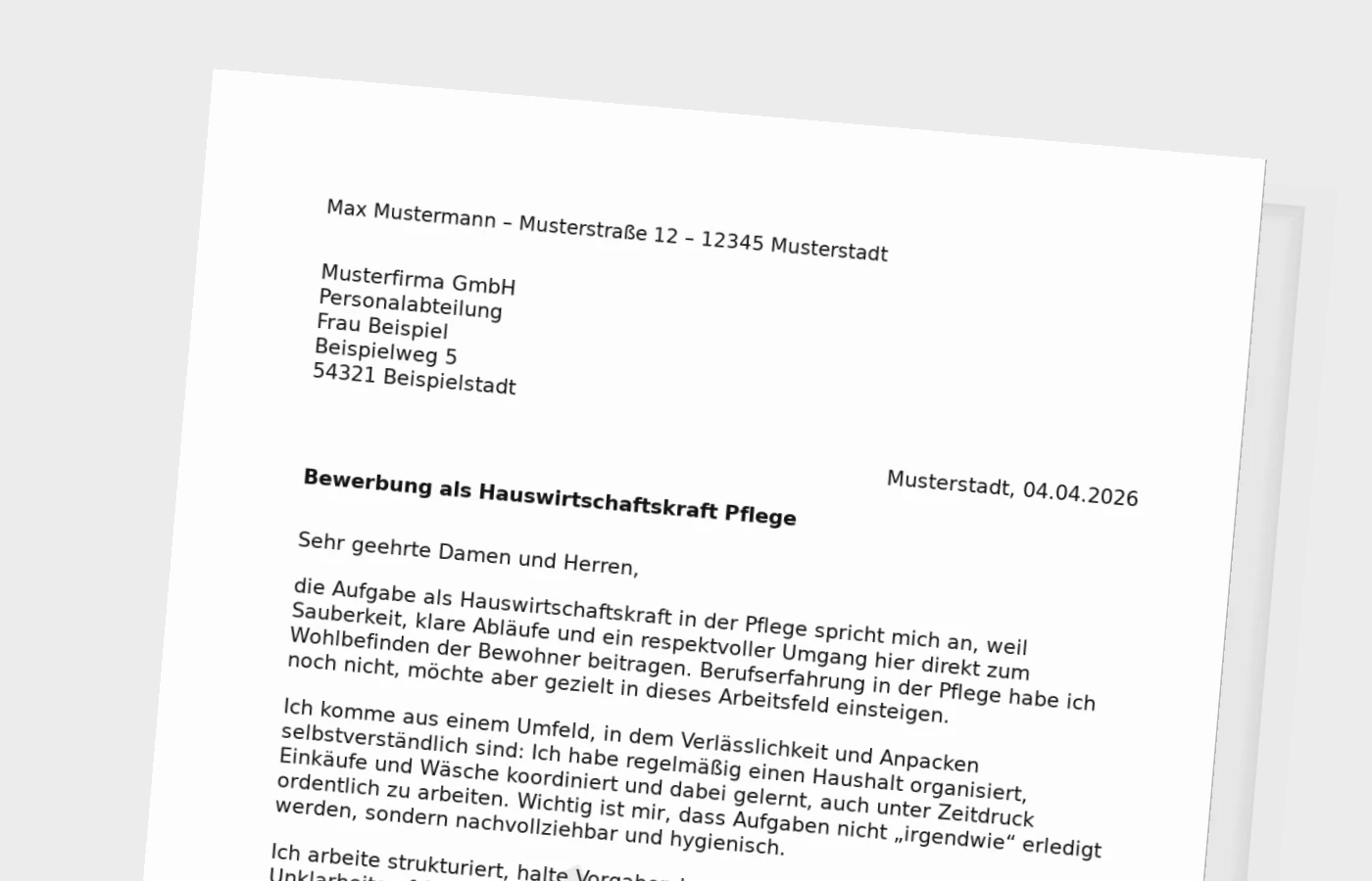 Anschreiben als Hauswirtschaftskraft in der Pflege – ohne Erfahrung