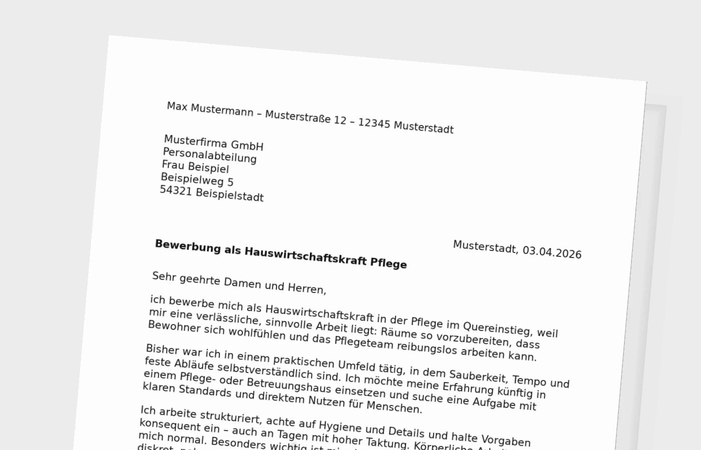Anschreiben als Hauswirtschaftskraft in der Pflege – Quereinstieg