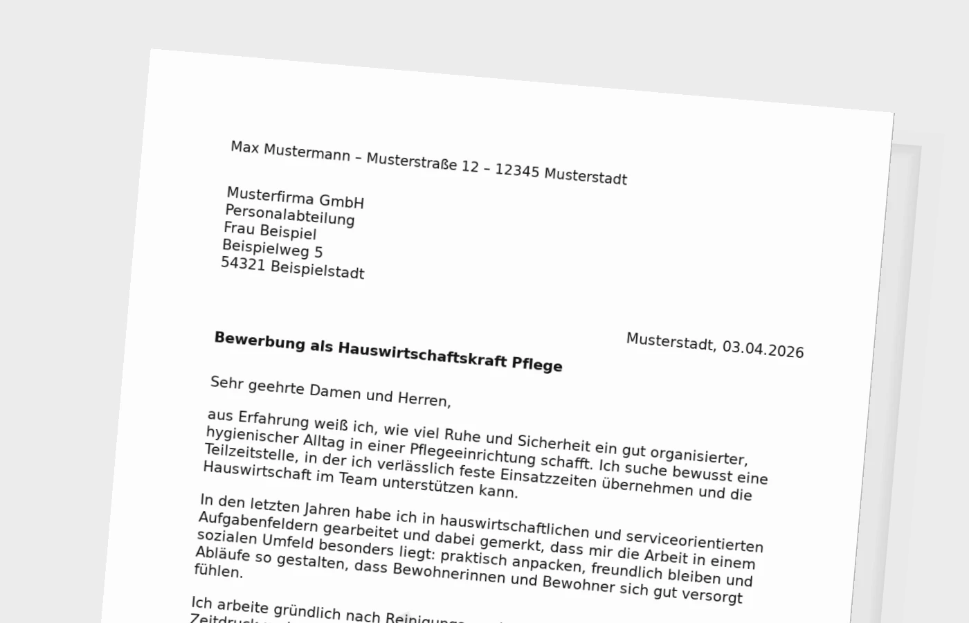 Anschreiben als Hauswirtschaftskraft in der Pflege (Teilzeit)