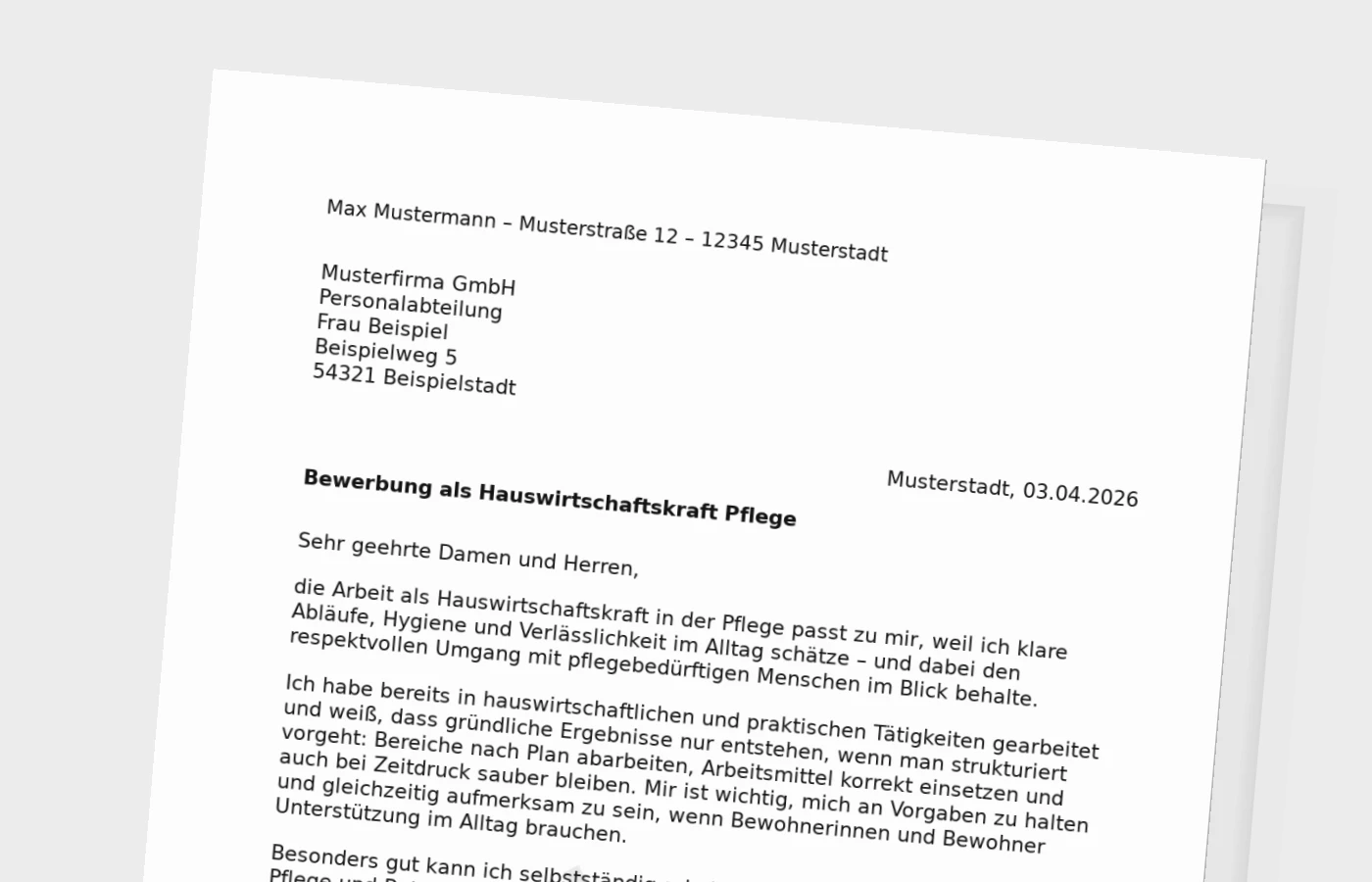 Anschreiben als Hauswirtschaftskraft in der Pflege (Standard)