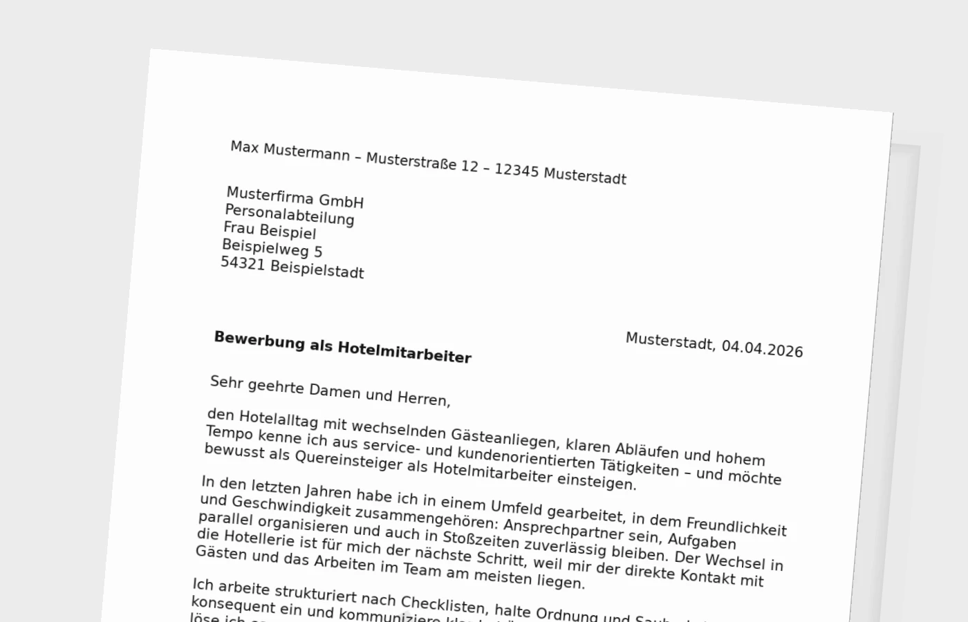 Anschreiben als Hotelmitarbeiter (Quereinsteiger): überzeugend und praxisnah