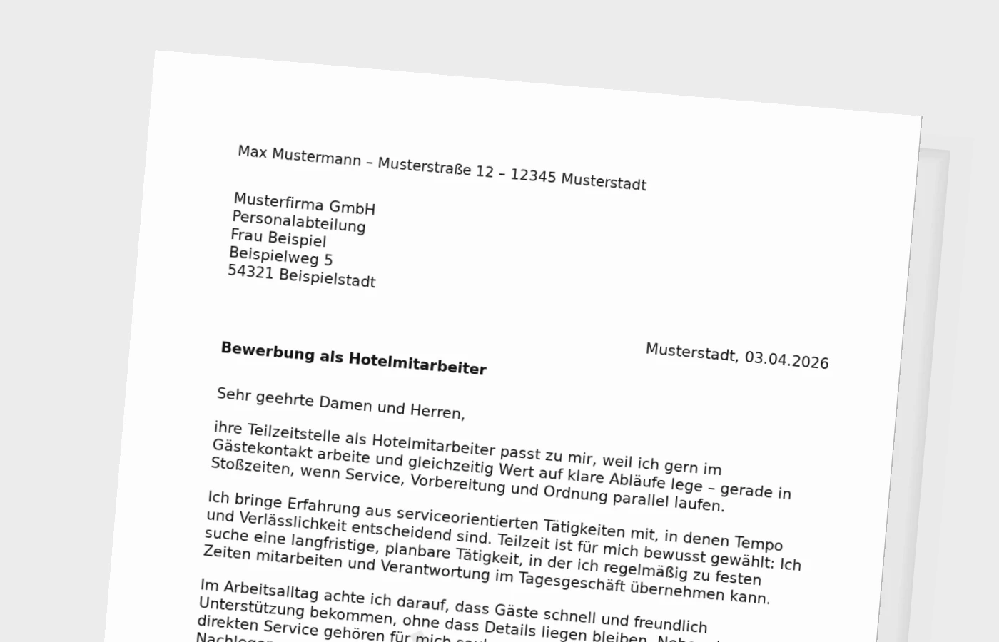 Anschreiben als Hotelmitarbeiter in Teilzeit