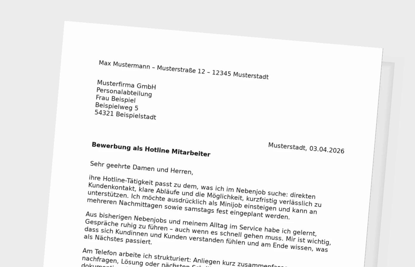 Vorschaubild zu Anschreiben für Hotline-Mitarbeiter (Minijob)