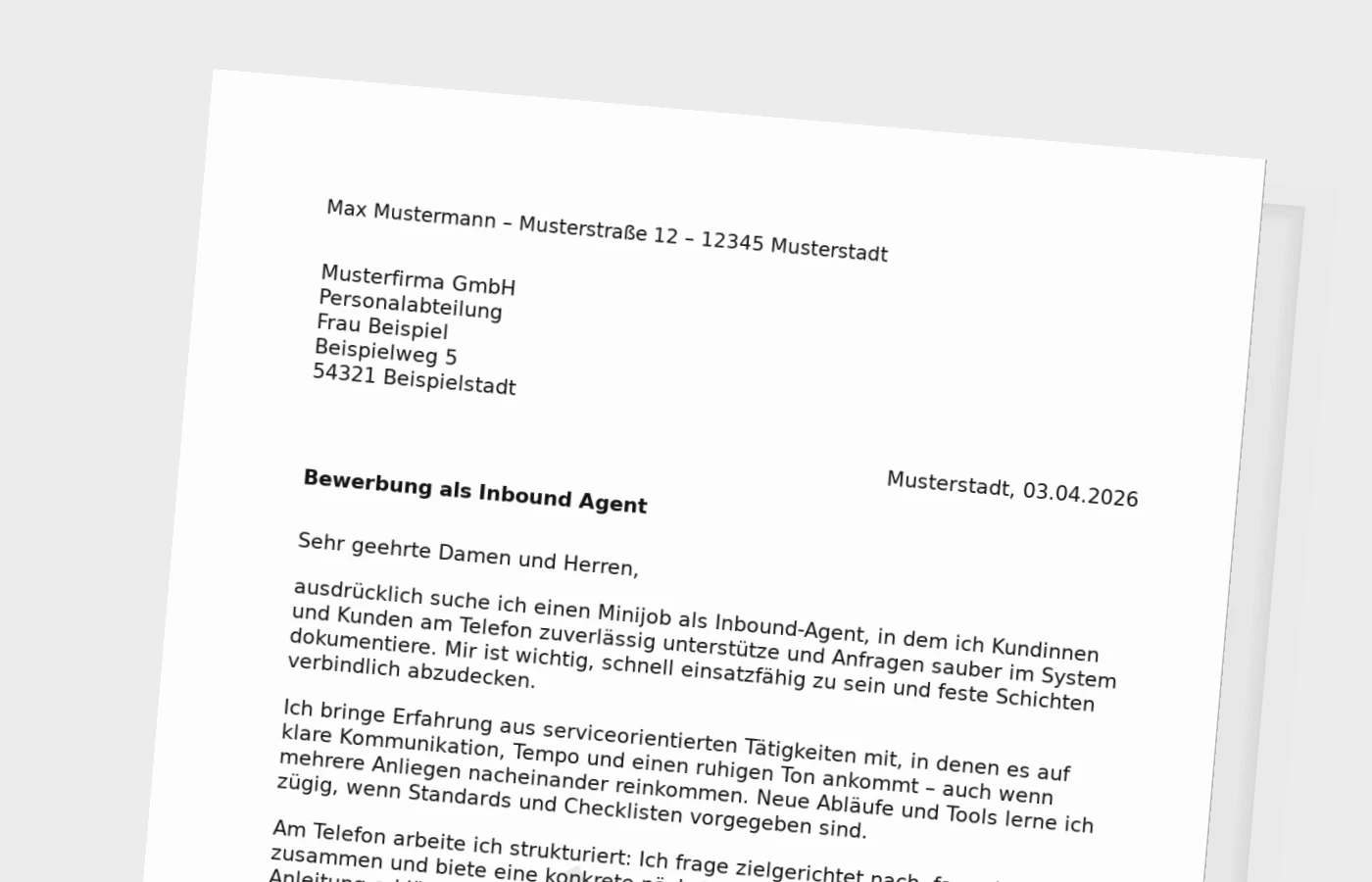 Anschreiben als Inbound-Agent im Minijob