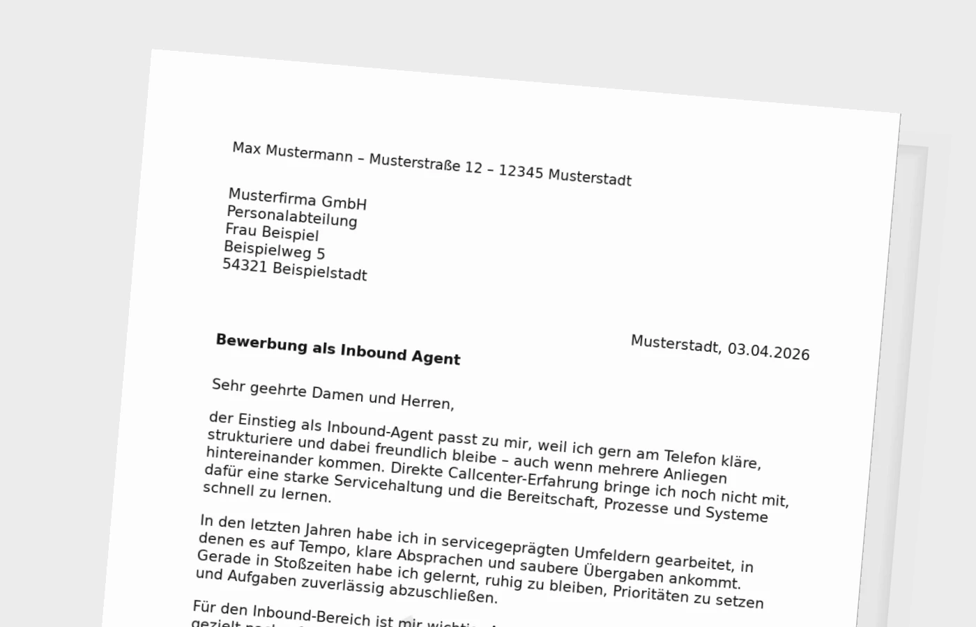 Anschreiben als Inbound-Agent ohne Erfahrung