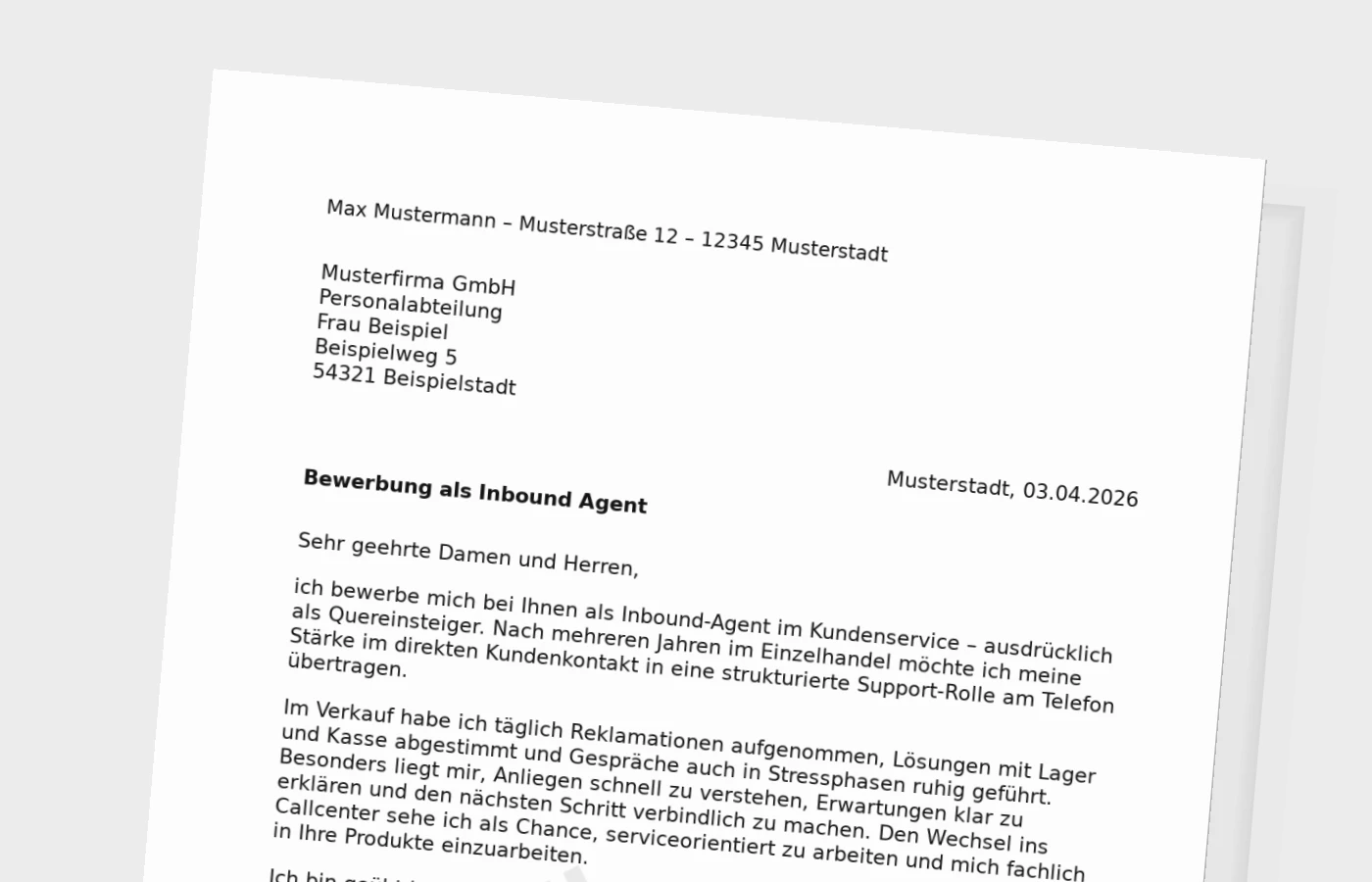 Anschreiben als Inbound-Agent – Quereinsteiger