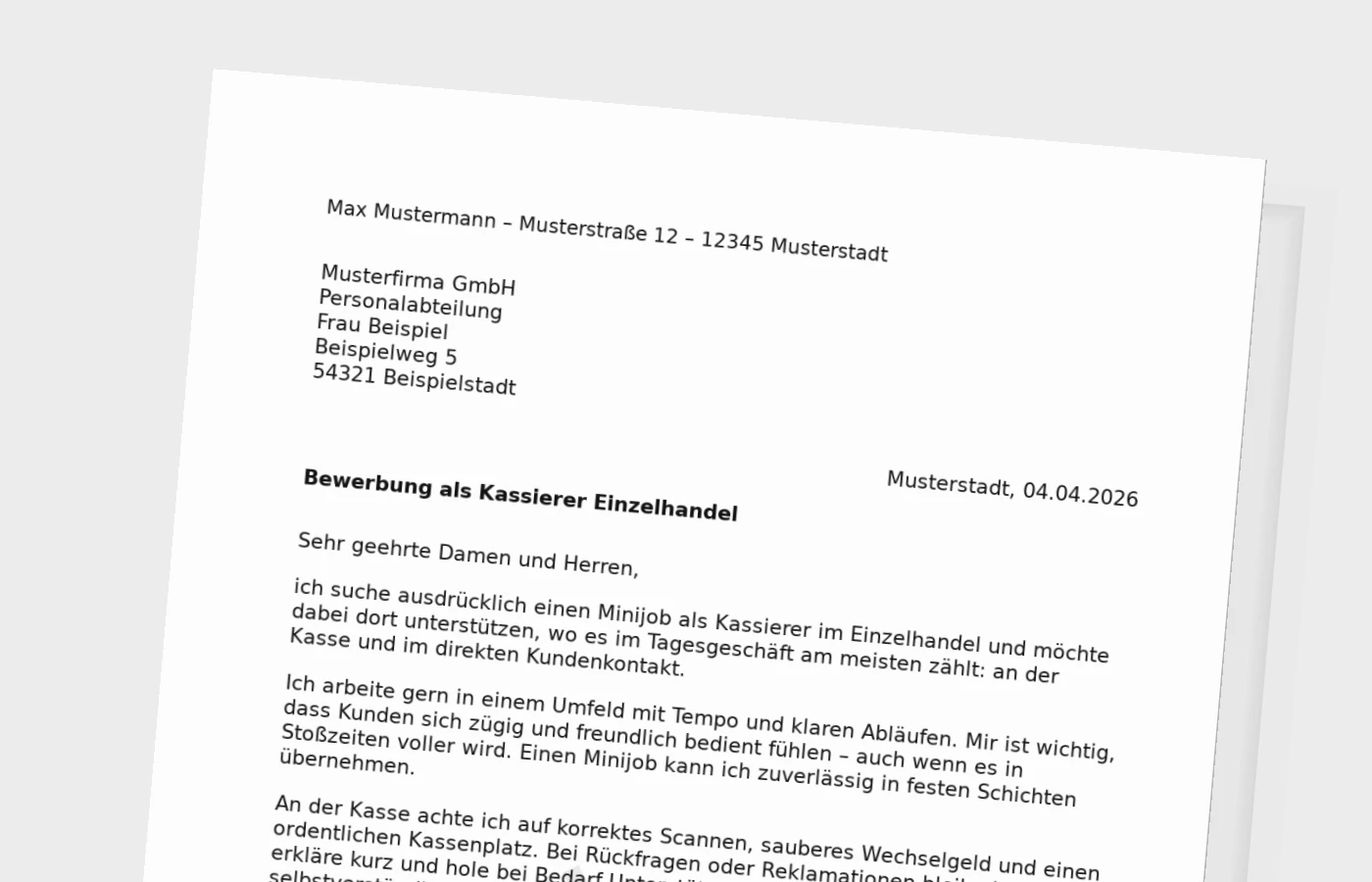 Anschreiben für Kassierer im Einzelhandel (Minijob)