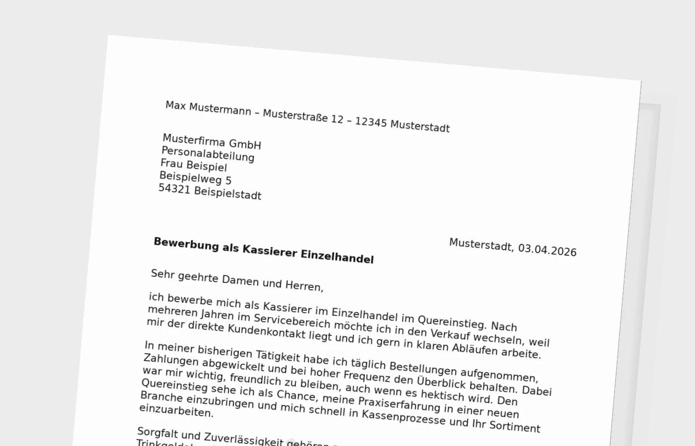Bewerbungsanschreiben als Kassierer im Einzelhandel – Quereinsteiger
