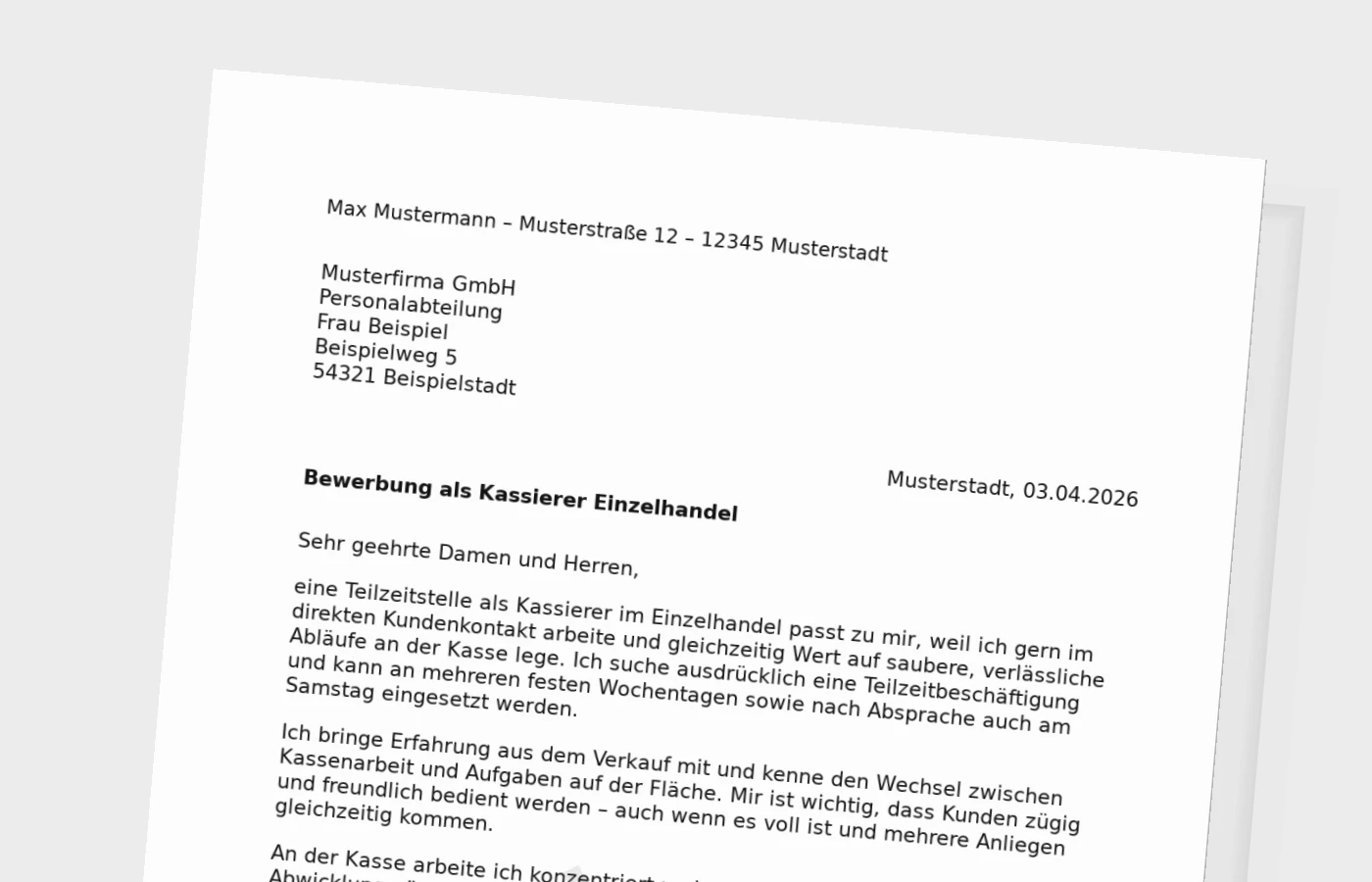 Anschreiben als Kassierer im Einzelhandel (Teilzeit)