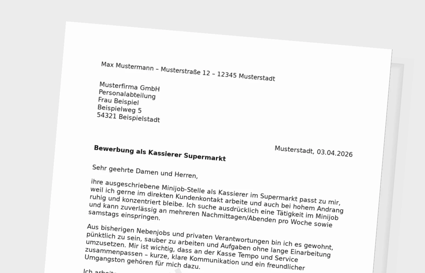 Anschreiben als Kassierer im Supermarkt (Minijob)