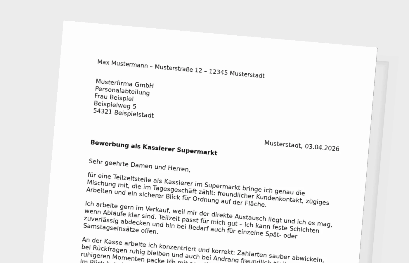 Anschreiben als Kassierer im Supermarkt (Teilzeit)