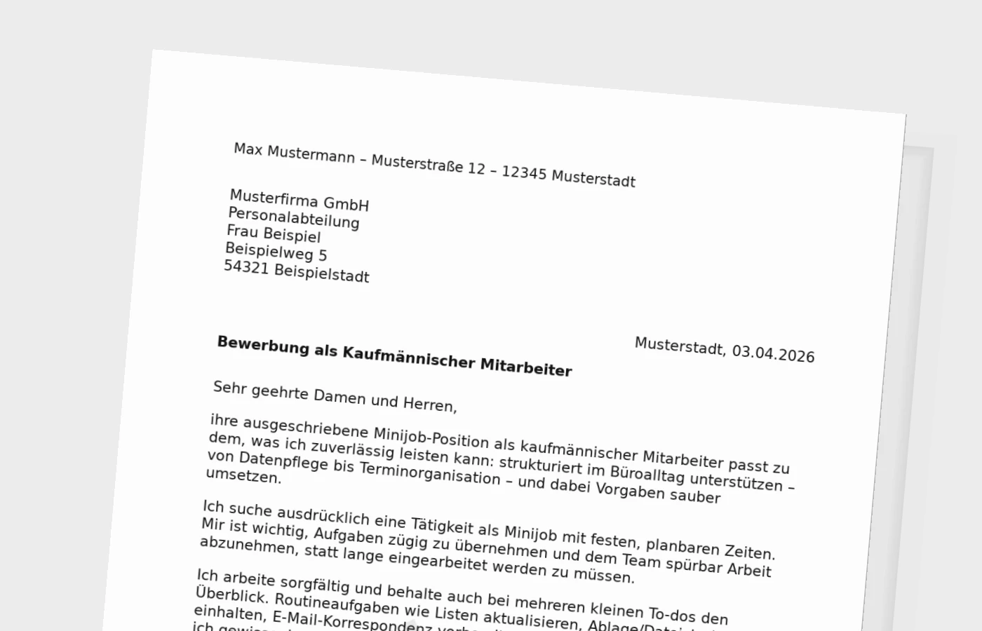 Anschreiben als Kaufmännischer Mitarbeiter (Minijob)
