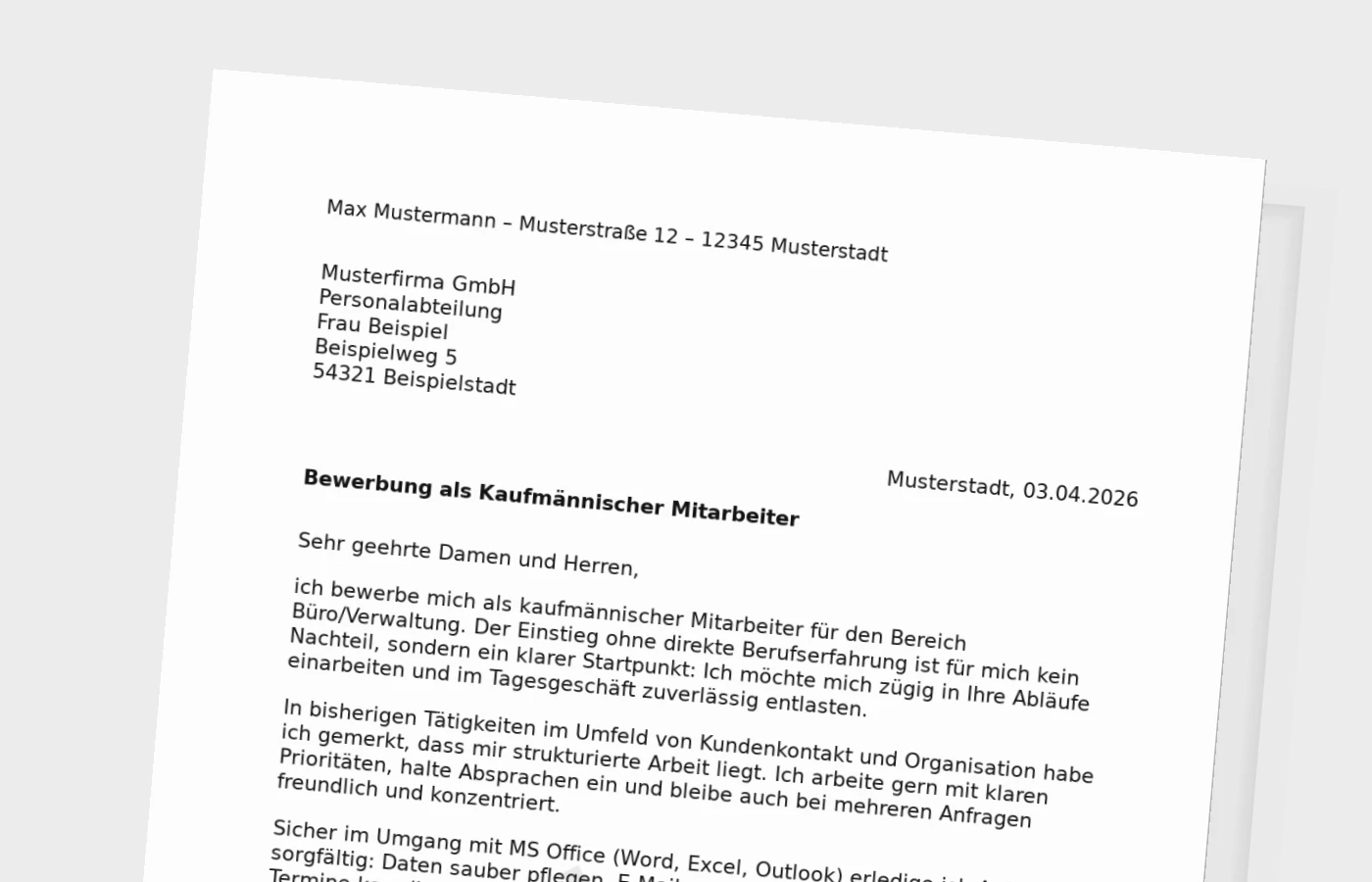 Bewerbungsanschreiben: Kaufmännischer Mitarbeiter ohne Erfahrung
