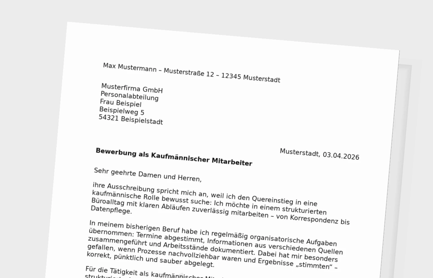 Anschreiben als Kaufmännischer Mitarbeiter im Quereinstieg