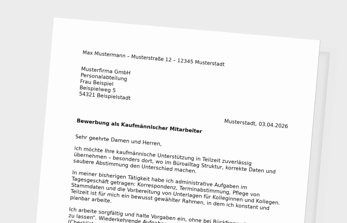 Anschreiben als Kaufmännischer Mitarbeiter in Teilzeit