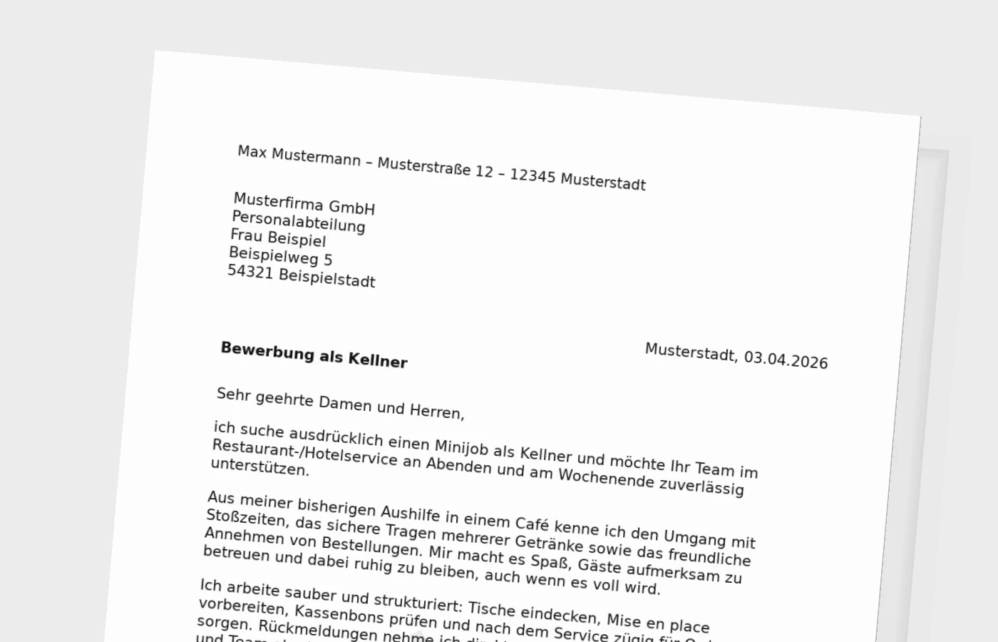 Bewerbungsanschreiben als Kellner (Minijob)