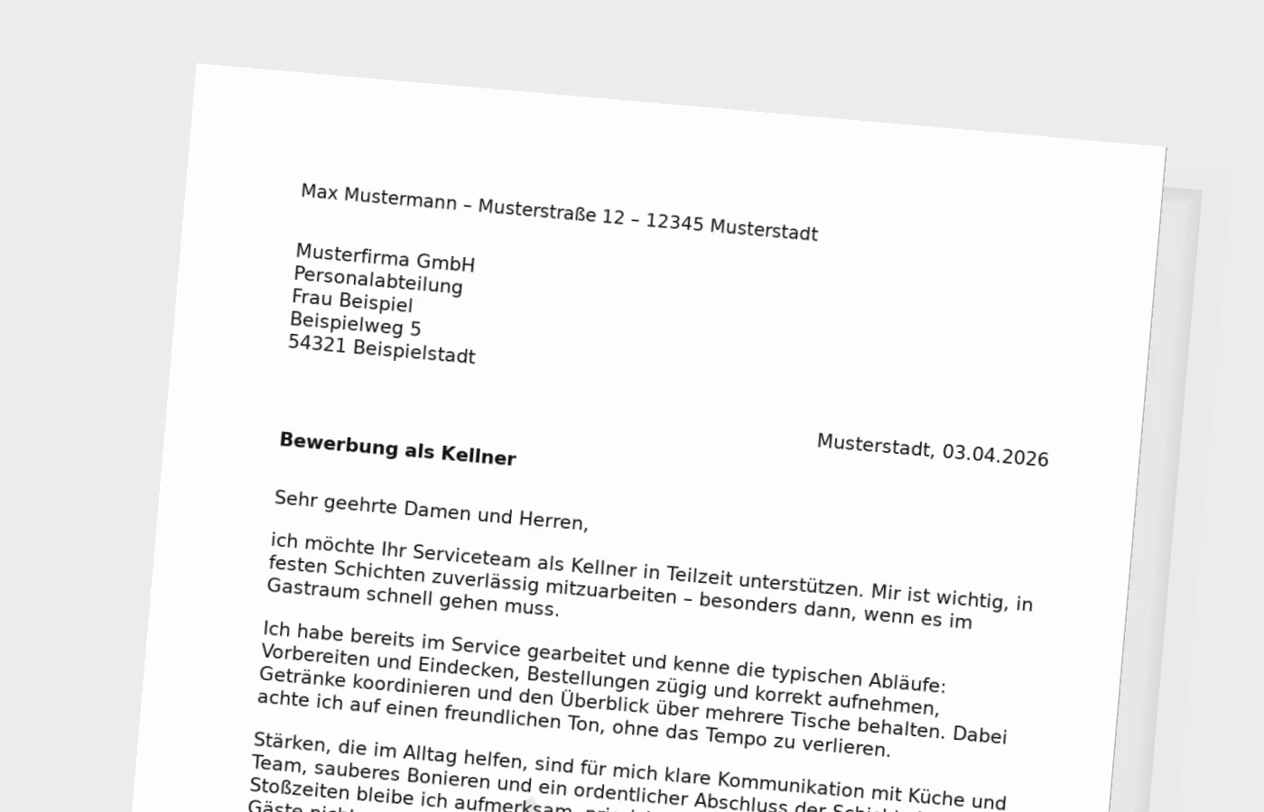Anschreiben als Kellner in Teilzeit