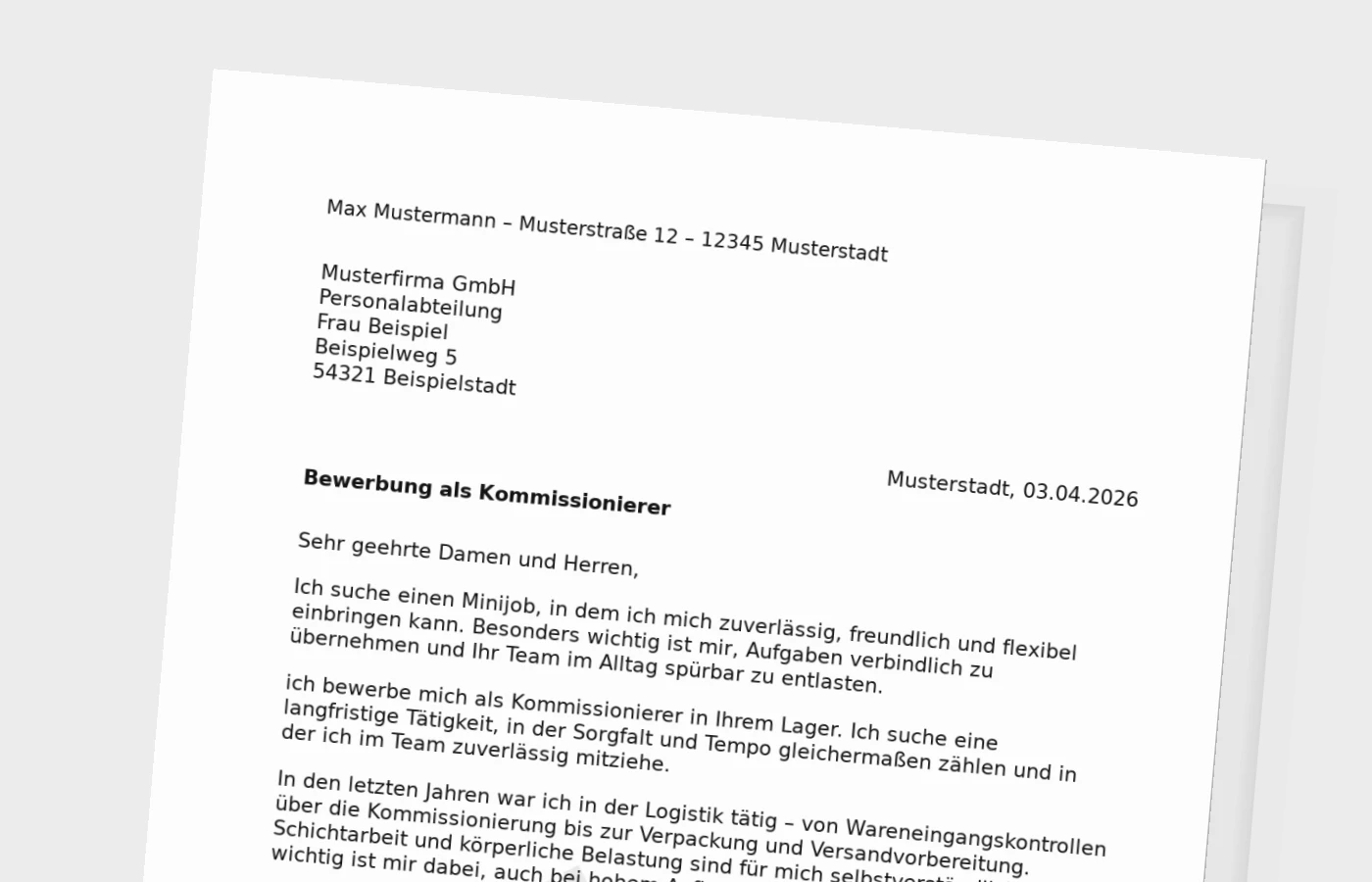 Bewerbungsanschreiben Kommissionierer für Minijob
