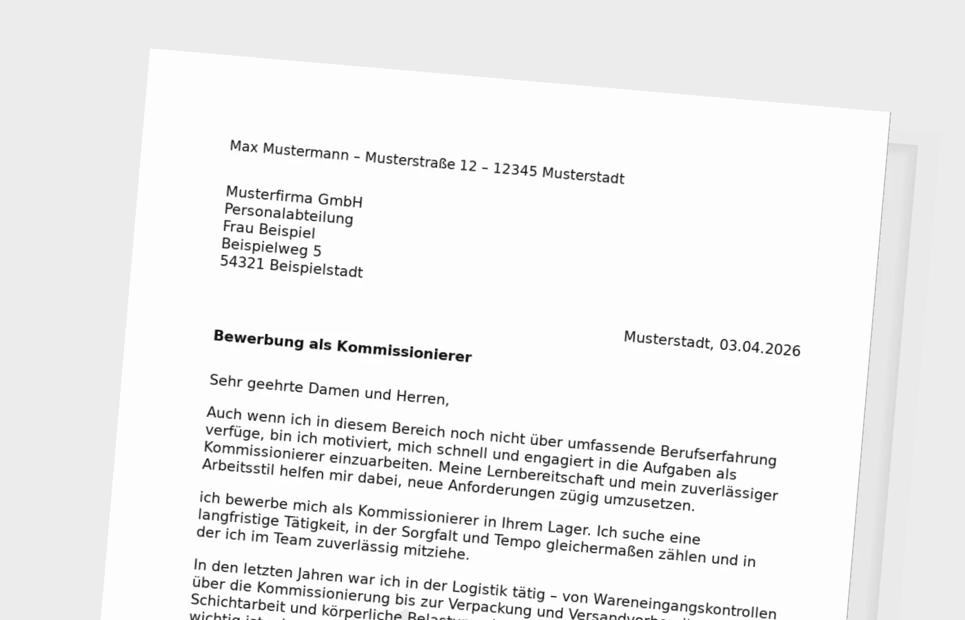 Bewerbungsanschreiben Kommissionierer ohne Erfahrung
