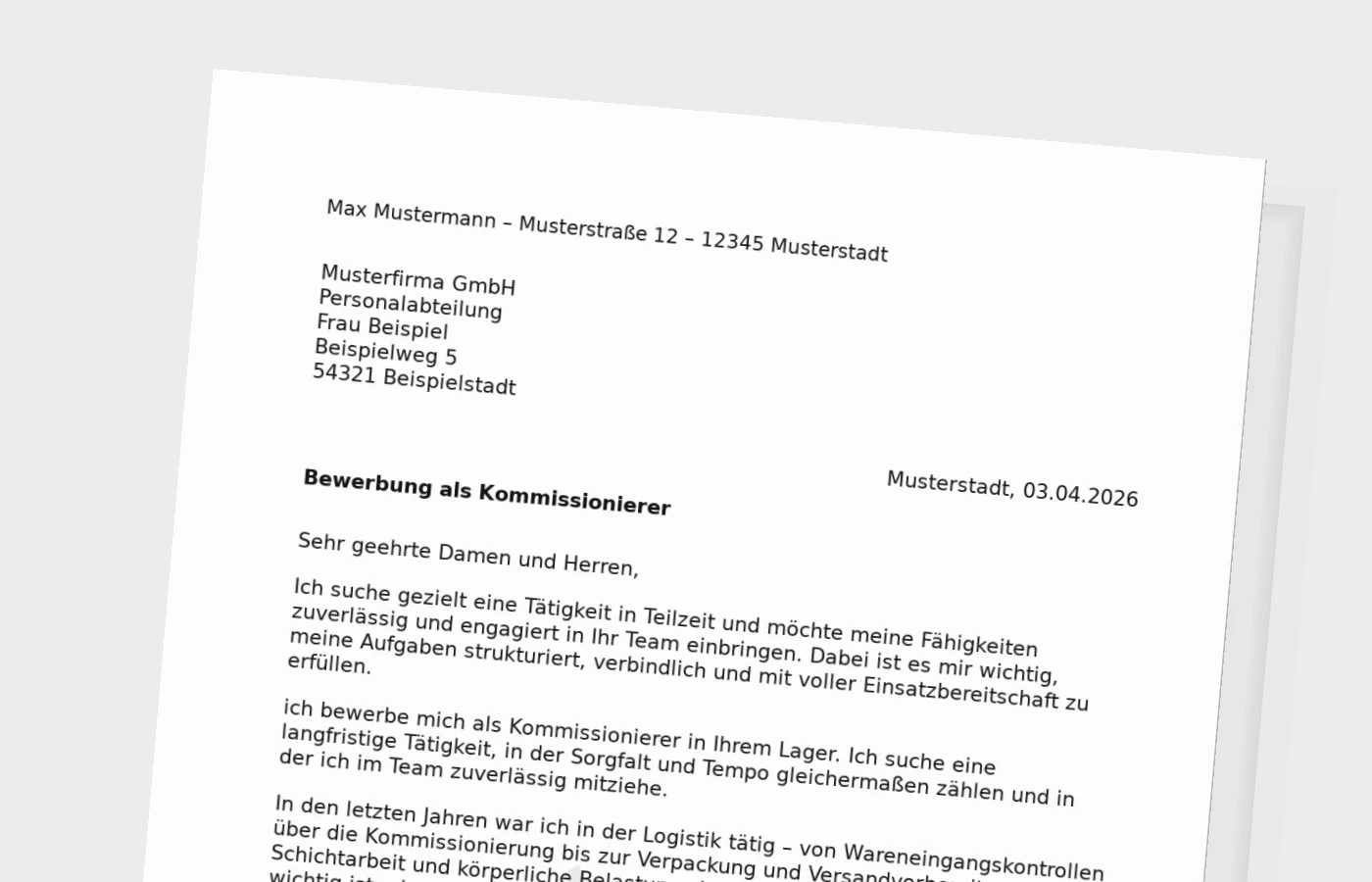 Bewerbungsanschreiben Kommissionierer in Teilzeit