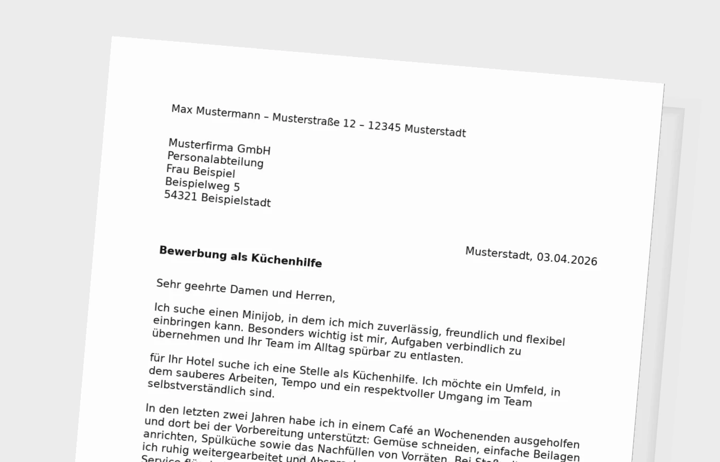 Bewerbungsanschreiben Küchenhilfe für Minijob