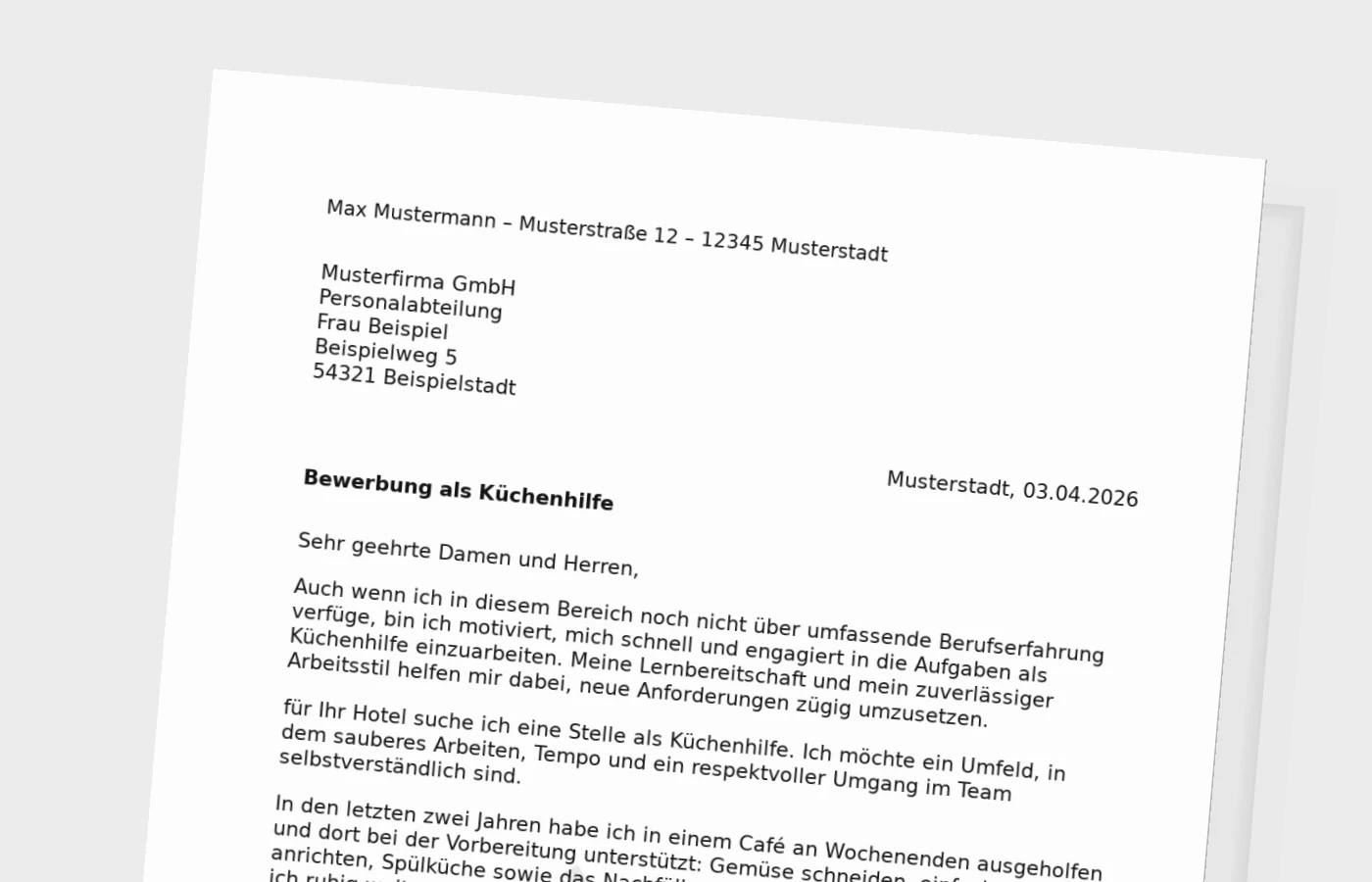 Bewerbungsanschreiben Küchenhilfe ohne Erfahrung