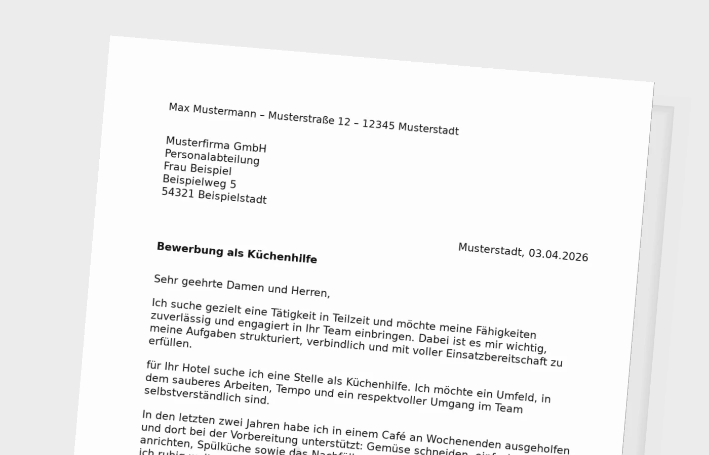 Bewerbungsanschreiben Küchenhilfe in Teilzeit