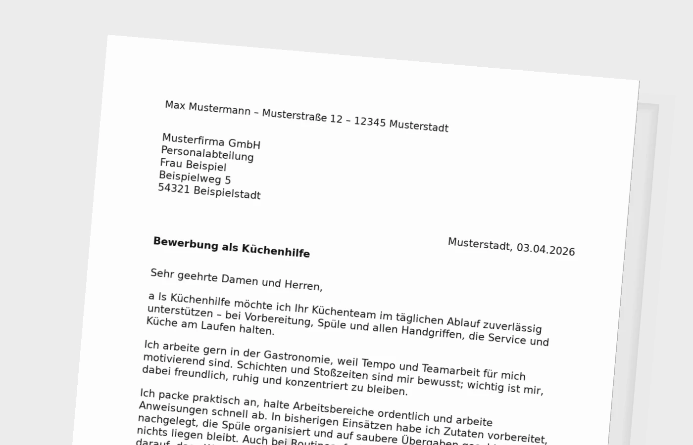 Anschreiben als Küchenhilfe: Standard-Vorlage, die nach Alltag klingt