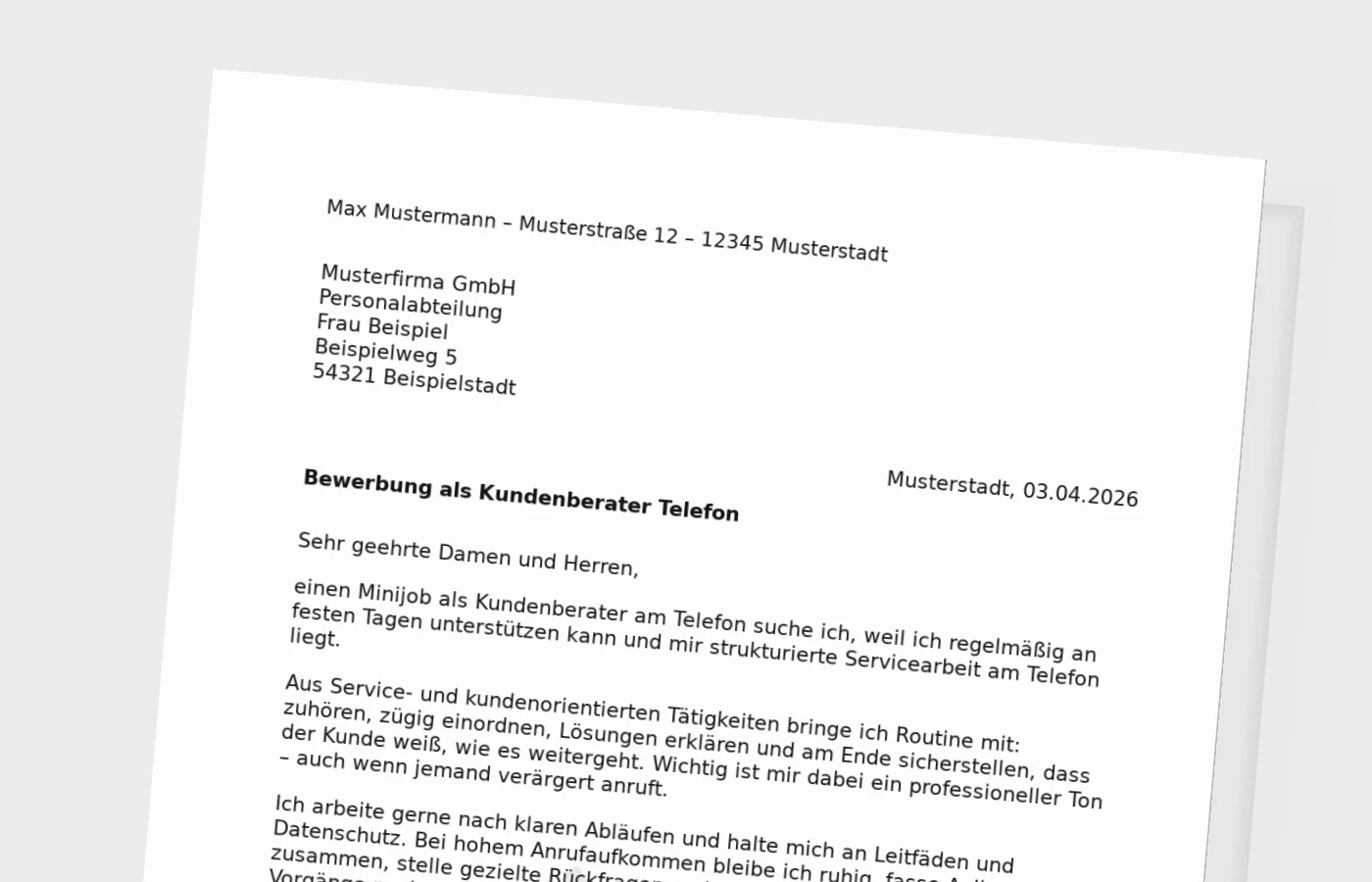 Vorschaubild zu Anschreiben für Kundenberater am Telefon im Minijob
