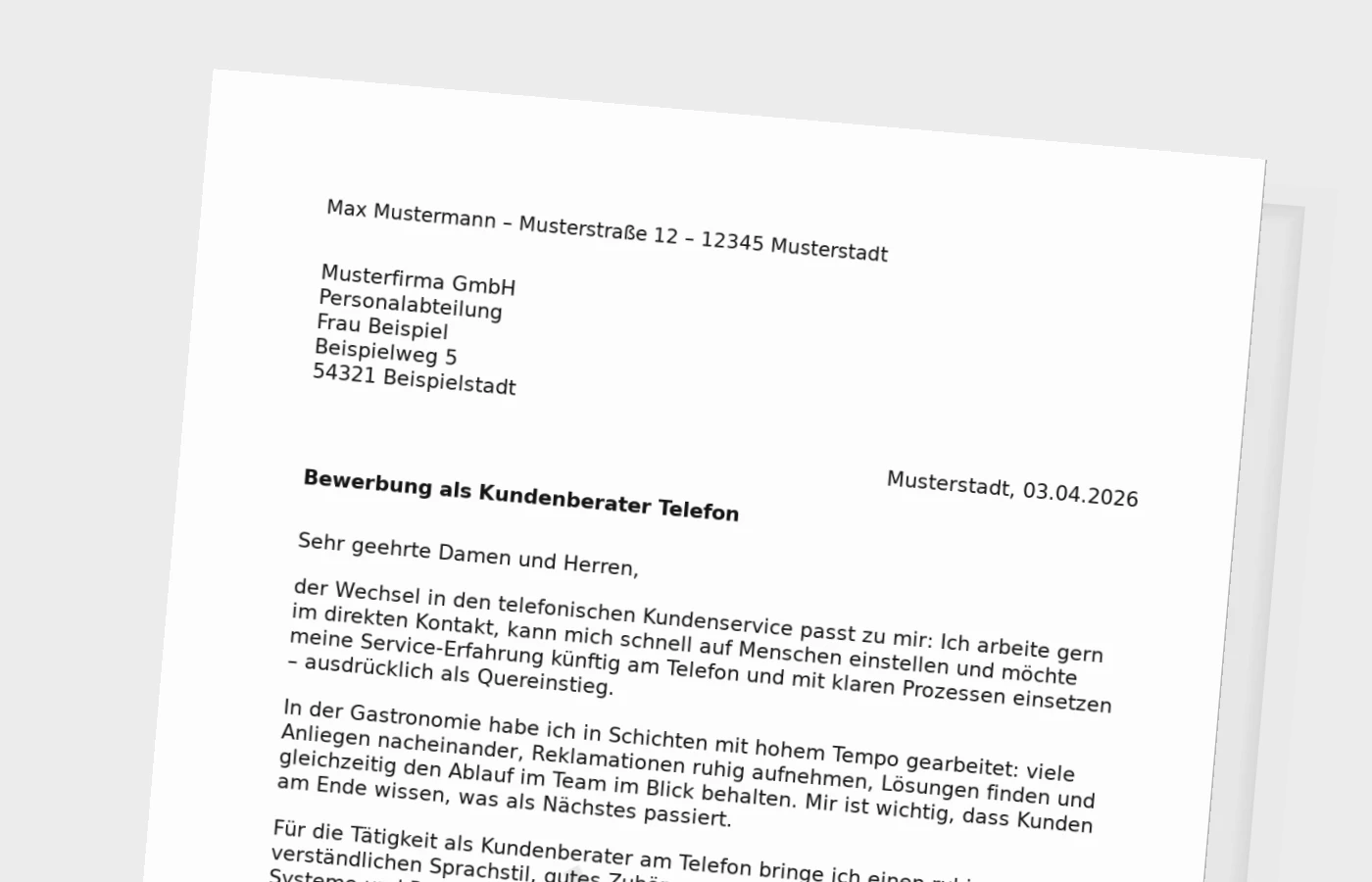 Anschreiben als Kundenberater am Telefon (Quereinstieg)