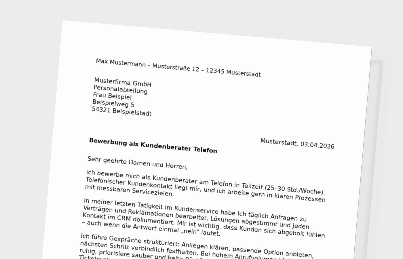 Vorschaubild zu Bewerbungsanschreiben: Kundenberater am Telefon in Teilzeit