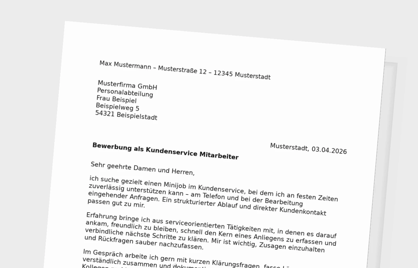 Vorschaubild zu Anschreiben für Kundenservice-Mitarbeiter (Minijob)