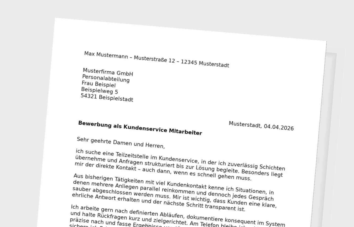 Anschreiben als Kundenservice-Mitarbeiter in Teilzeit