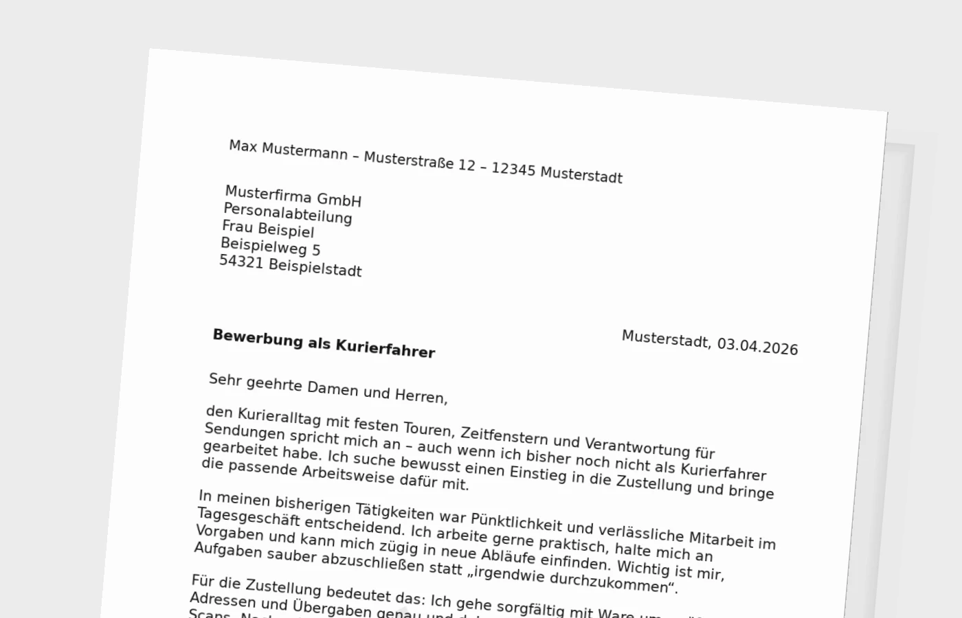 Anschreiben als Kurierfahrer ohne Erfahrung