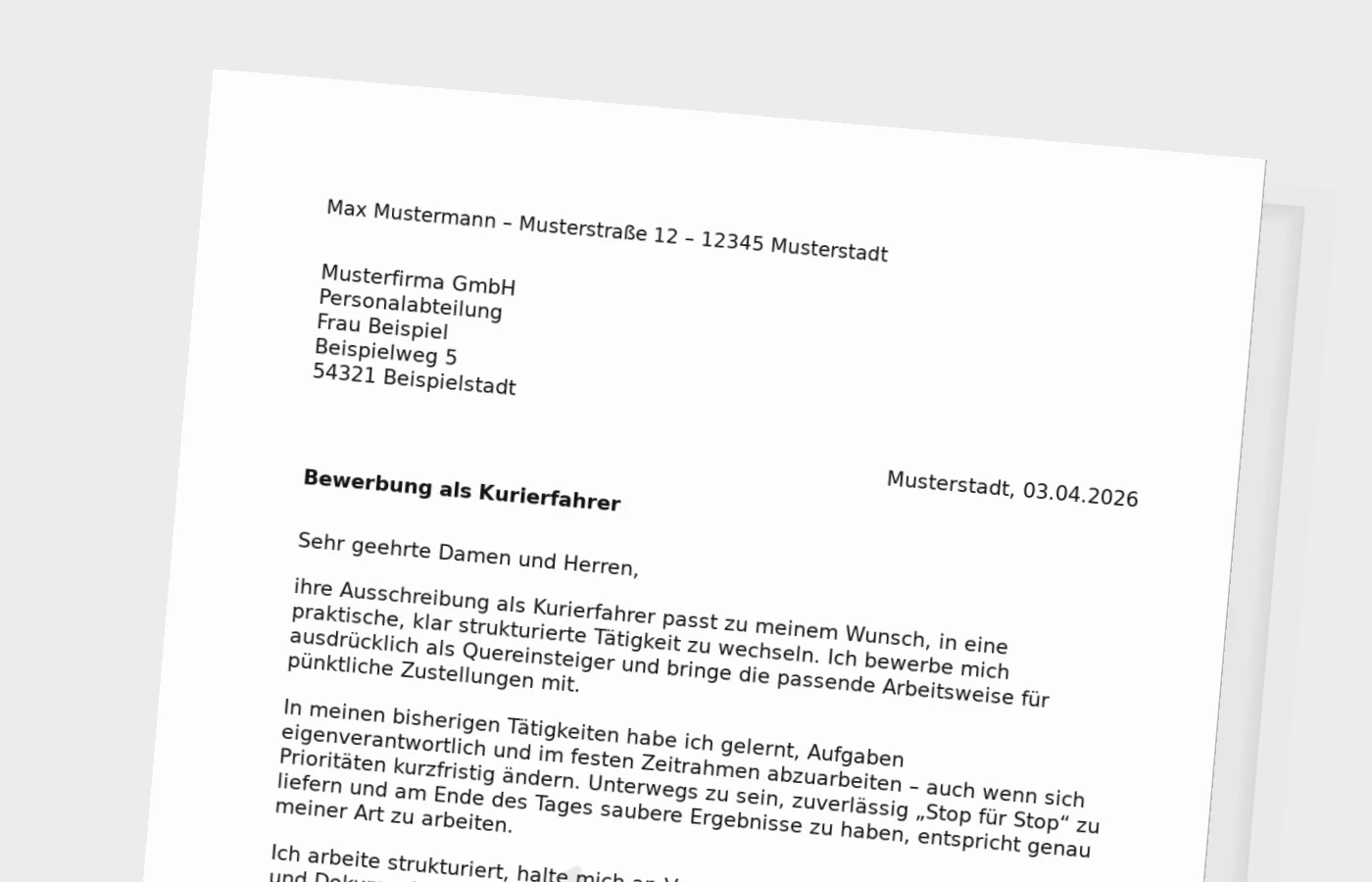 Anschreiben als Kurierfahrer im Quereinstieg