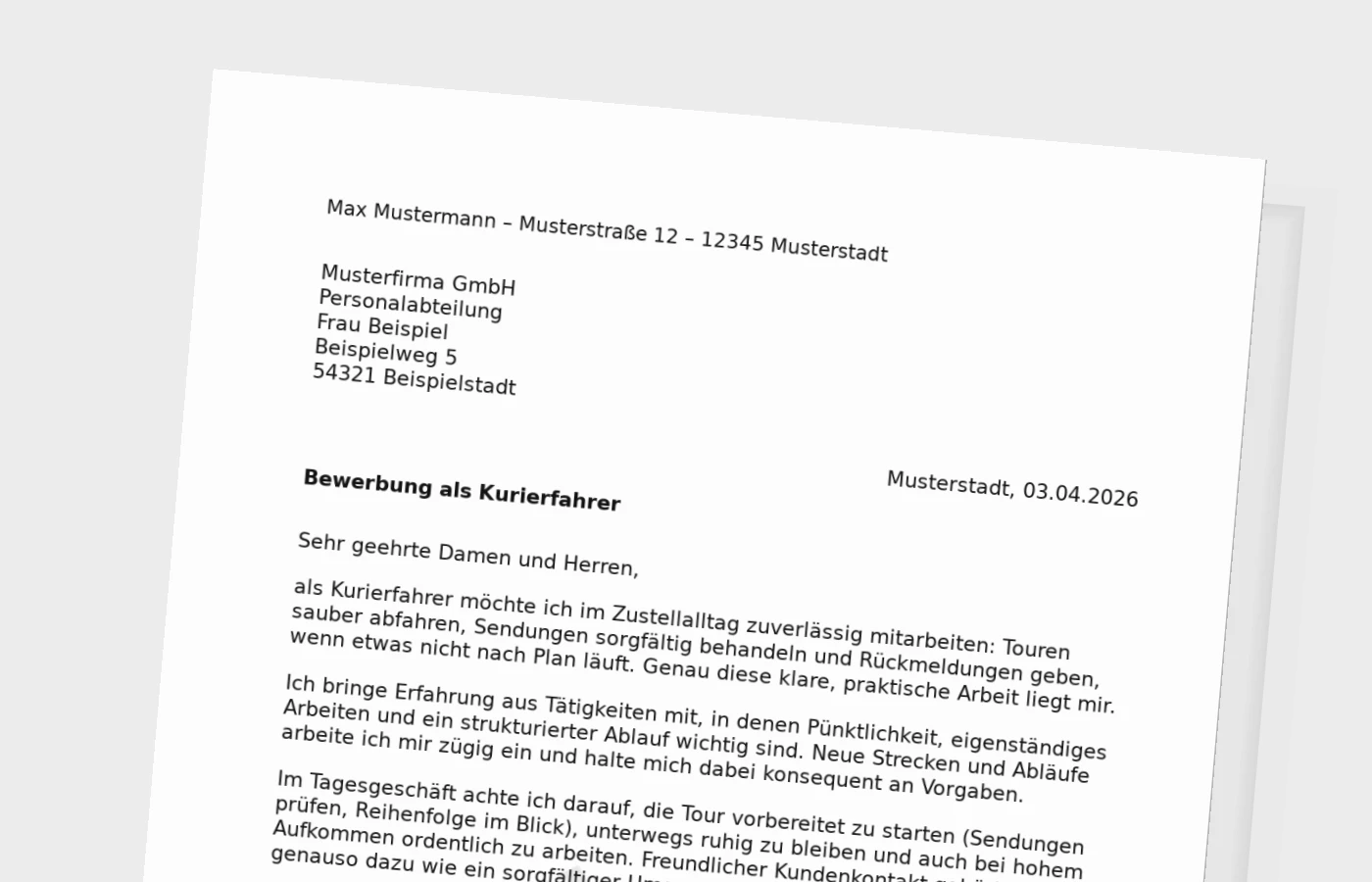 Anschreiben als Kurierfahrer (Standard): so wirkt es glaubwürdig