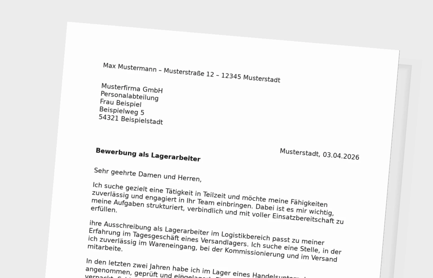 Bewerbungsanschreiben Lagerarbeiter in Teilzeit