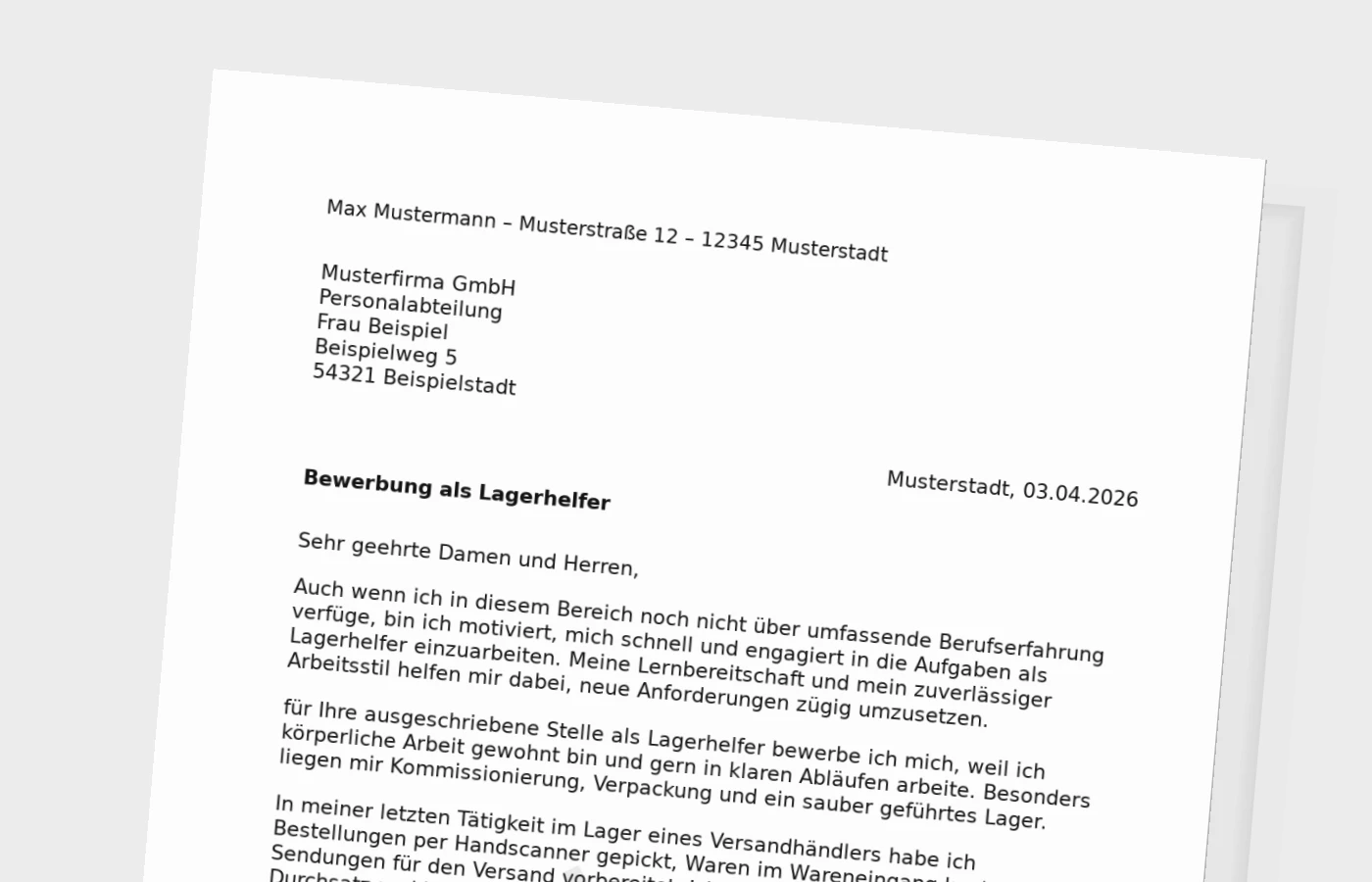 Bewerbungsanschreiben Lagerhelfer ohne Erfahrung