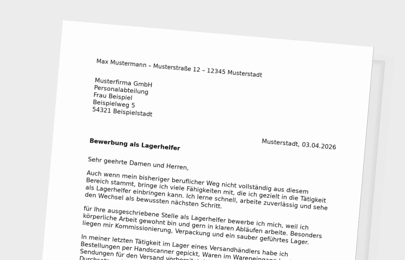 Bewerbungsanschreiben Lagerhelfer für Quereinsteiger